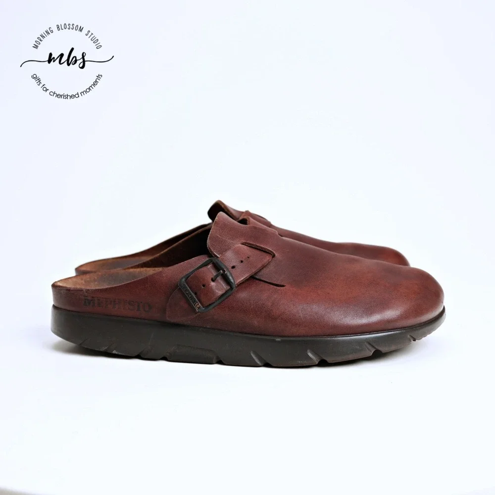 Mephisto Distressed Leather Adjustable Buckle Slide Clog Mules Brown Men 10.5